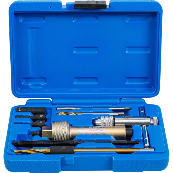 Werkzeugsatz zur Gewindereparatur in geöffnetem, blauem Koffer