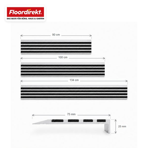 Floordirekt Logo über drei Treppenkantenprofilen in den Längen 90 cm, 100 cm und 134 cm mit einer Tiefe von 75 mm und einer Höhe von 25 mm.