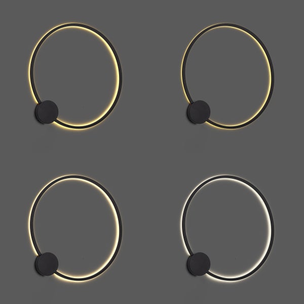Vier moderne schwarze Wandleuchten in Ringform mit indirektem Licht und runder Halterung aus Metall.