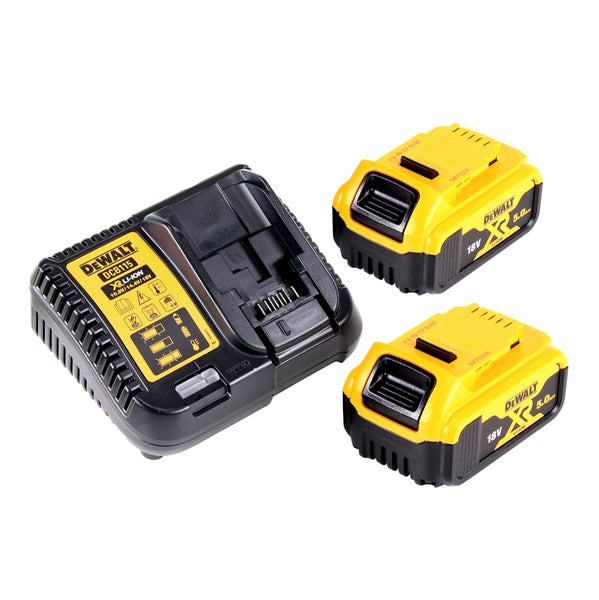 DeWalt Akku-Starterset mit Ladegerät DCB115 und zwei 18 Volt 5,0 Amperestunden Lithium-Ionen-Akkus.