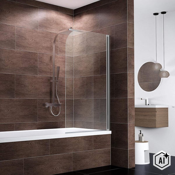 Moderne Badewannenfaltwand mit Duschsystem in einem Badezimmer mit dunklen Fliesen in Holzoptik und integriertem Waschbeckenbereich.