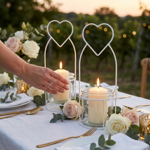 Zwei herzförmige Metall-Windlichter mit brennenden Stumpenkerzen im Glas auf einer festlich gedeckten Tafel mit Rosen und Besteck im Freien.