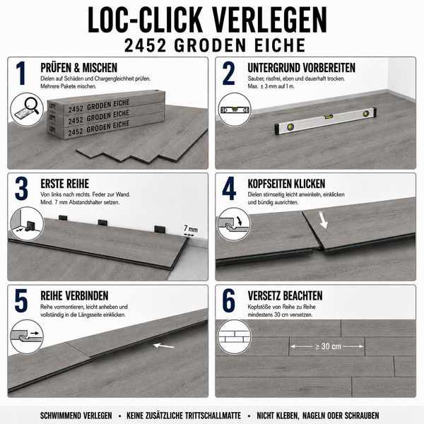 Anleitung zur schwimmenden Verlegung von Loc Click Laminat Groden Eiche in sechs Schritten zur Untergrundvorbereitung und Dielenmontage.