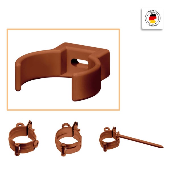 Kupferfarbene Rohrschellen und Rohrclips für Fallrohre, inklusive Befestigungsmaterial mit Schraube oder Stift, Made in Germany.