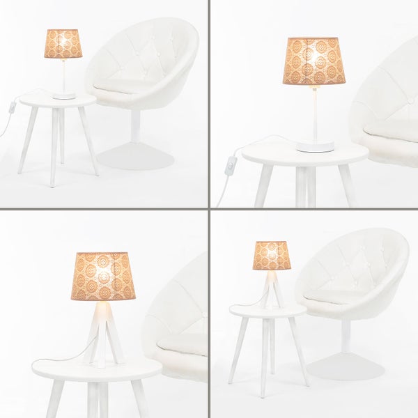Collage einer Tischleuchte mit gemustertem Lampenschirm und einem Beistelltisch neben einem Sessel