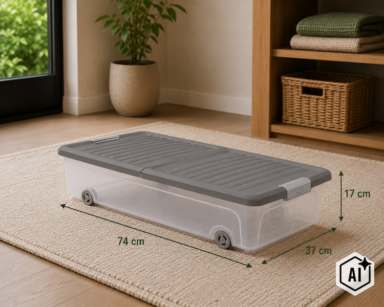 Flache Aufbewahrungsbox aus Kunststoff mit Rollen, 74 mal 37 mal 17 Zentimeter, für Stauraum unter dem Bett.