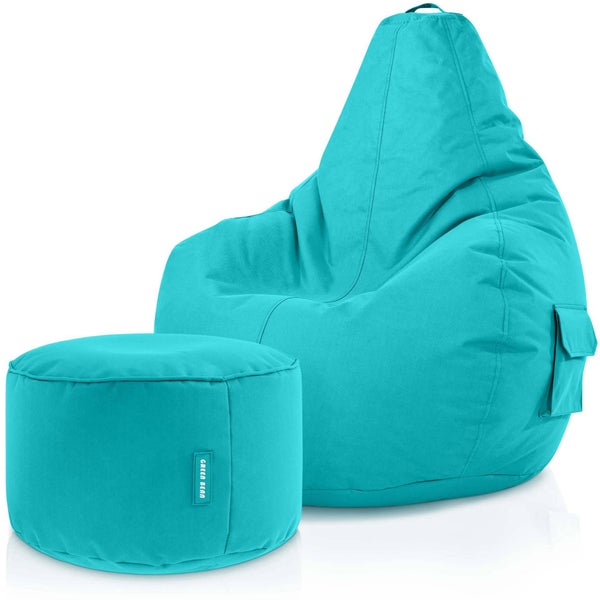 Green Bean© 2er Set Sitzsack + Hocker - fertig befüllt - robust waschbar schmutzabweisend - Kinder & Erwachsene Bean Bag Bodenkissen Lounge Sitzhocker Relax-Sessel Gamer Gamingstuhl Pouf - Türkis