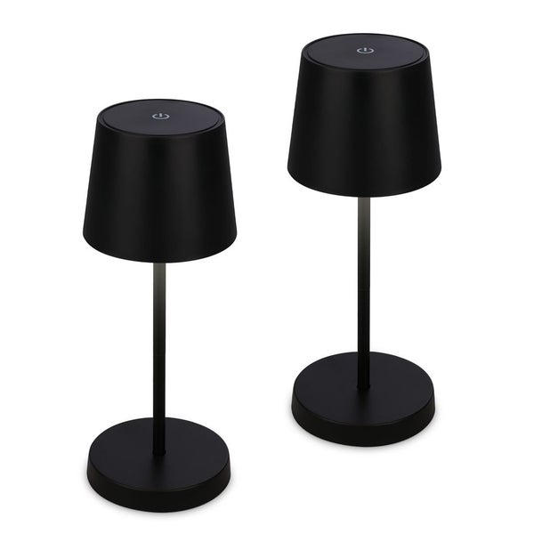 Zwei schwarze LED-Tischleuchten im Set mit rundem Standfuß und Ein-Aus-Schalter auf der Oberseite.