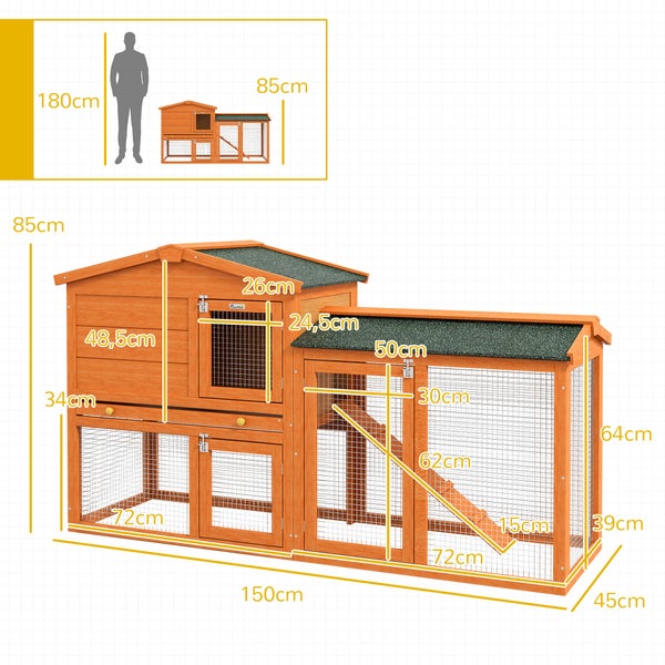 PawHut Hasenstall 2 Ebenen Kaninchenstall aus Tannenholz Winterfest Doppelstockhaus mit Freilaufgehege Wanne Rampe 150x45x85 cm Kaninchenkäfig Outdoor Kleintierstall für Hasen Meerschweinchen Orange