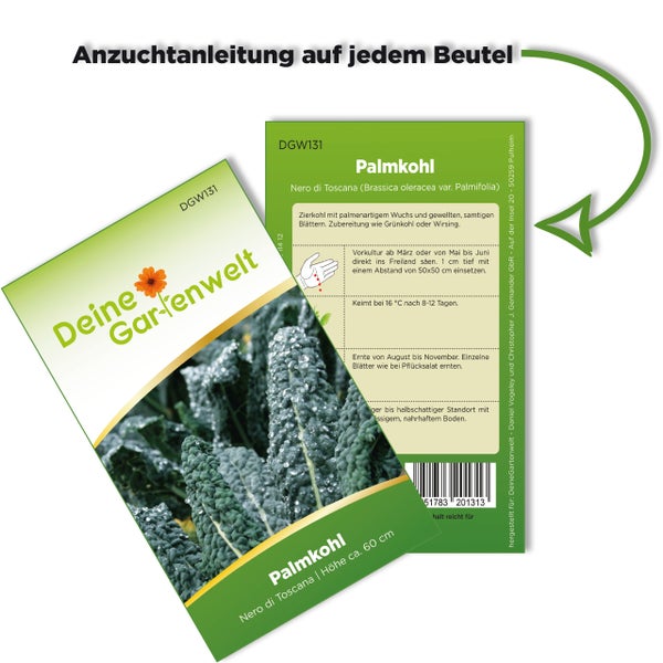 Deine Gartenwelt Samentüte Palmkohl Nero di Toscana mit Anzuchtanleitung auf der Rückseite.