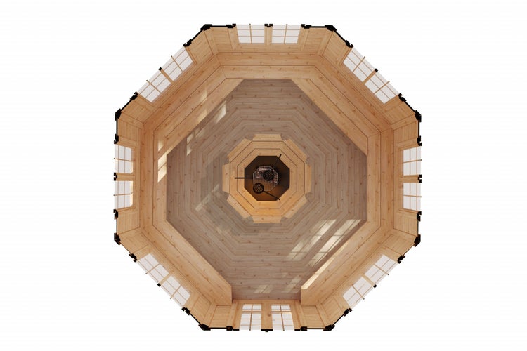 Innenansicht eines Holzpavillons mit Grill