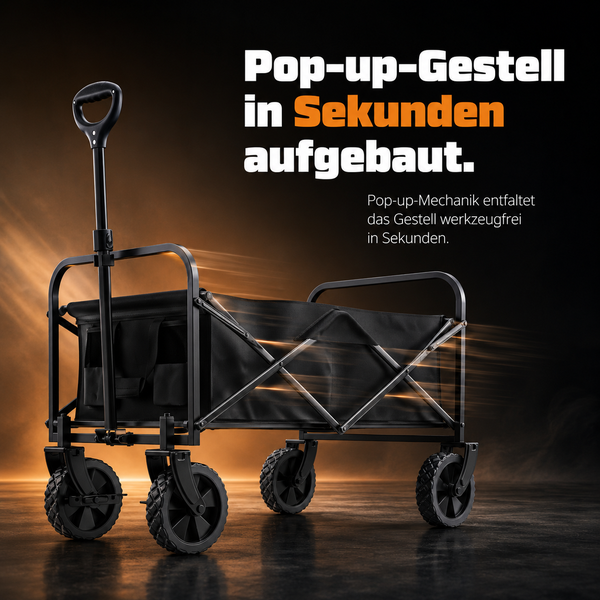 Schwarzer faltbarer Bollerwagen mit Pop-up-Gestell für werkzeugfreien Aufbau in Sekunden. Ausgestattet mit Teleskopgriff und vier stabilen Rädern.