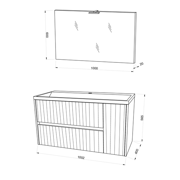 Unterschrank in weiß geriffelt -100cm mit Waschtisch und  100x60 Spiegel  | Cortina