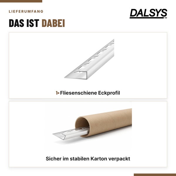 Dalsys Fliesenschiene Eckprofil zur Kantenabdeckung, verpackt in einer stabilen Transportrohrhülse aus Pappe zur sicheren Lieferung.