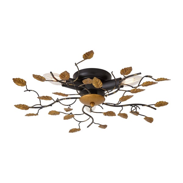 Dreiflammige Deckenleuchte aus schwarzem Metall mit goldfarbenen Blättern an verzweigten Armen.