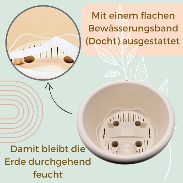Blumentopf mit Bewässerungssystem für gleichbleibend feuchte Erde