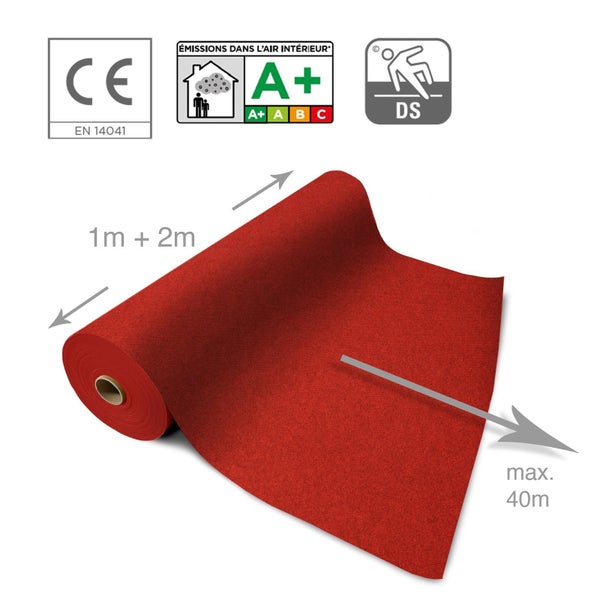 Rote Teppichrolle fuer Events und Messen, erhaeltlich in 1 Meter und 2 Meter Breite, bis zu 40 Meter Laenge, mit CE Kennzeichnung und Rutschklasse.