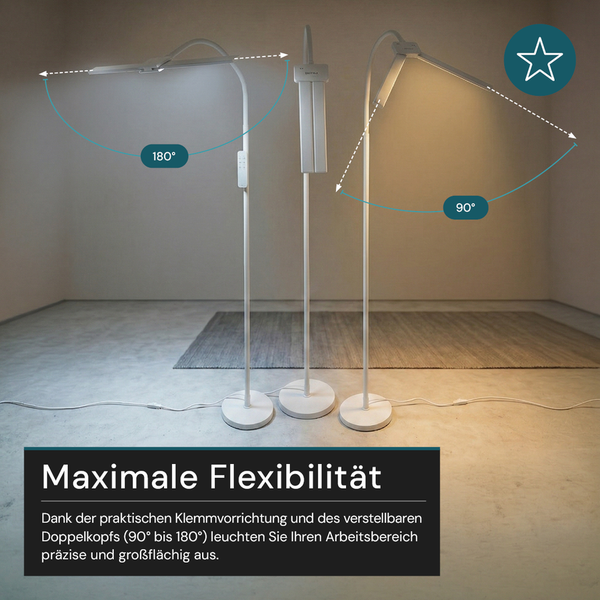 Weiße Stehlampe mit verstellbarem Doppelkopf, Schwenkbereich von 90 bis 180 Grad für flexible Arbeitsplatzbeleuchtung.