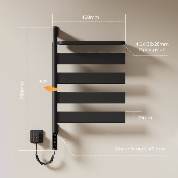 EMKE Elektrischer Badheizkörper mit drehbarem Handtuchhalter und Ablage, Thermostat, WiFi-App- und Sprachsteuerung, Timer – 76 x 450 x 140 mm, Schwarz,125W
