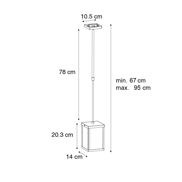 Technische Zeichnung einer Pendelleuchte mit Maßen: Schirm 20,3 mal 14 Zentimeter, Baldachin 10,5 Zentimeter, Gesamthöhe 67 bis 95 Zentimeter.