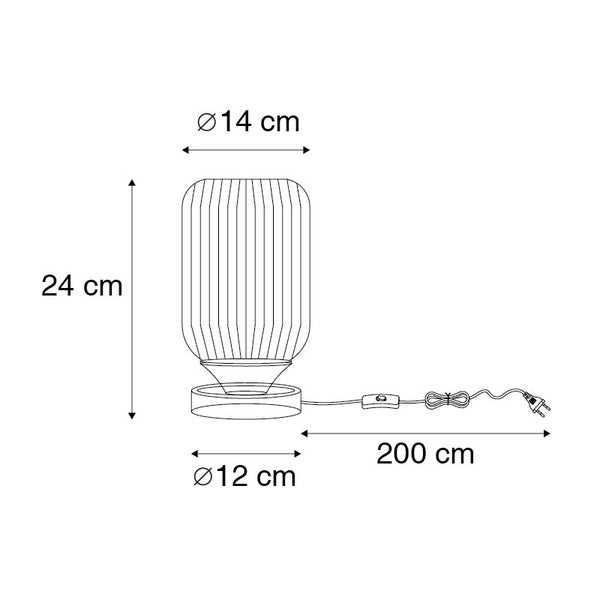 Abmessungen einer Tischleuchte: Höhe 24 cm, Lampenschirmdurchmesser 14 cm, Basisdurchmesser 12 cm, Kabellänge 200 cm