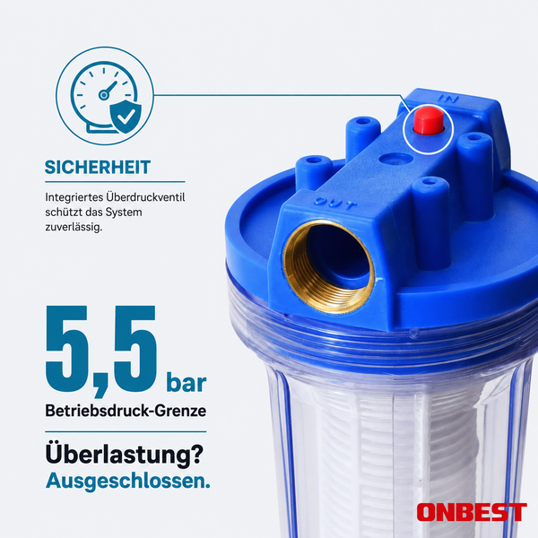 Vorfilter für Gartenpumpen zum Schutz vor Sand und Feststoffen, inklusive Filterpatrone und Anschlussgewinde. ONBEST Logo.