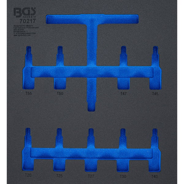 BGS technic Werkzeugeinlage aus Schaumstoff für Torx Werkzeuge, Modell 70217, mit Aussparungen für die Größen T20 bis T55.