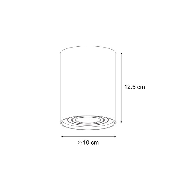 Technische Zeichnung einer zylindrischen Deckenleuchte mit den Maßen 12,5 cm Höhe und 10 cm Durchmesser.
