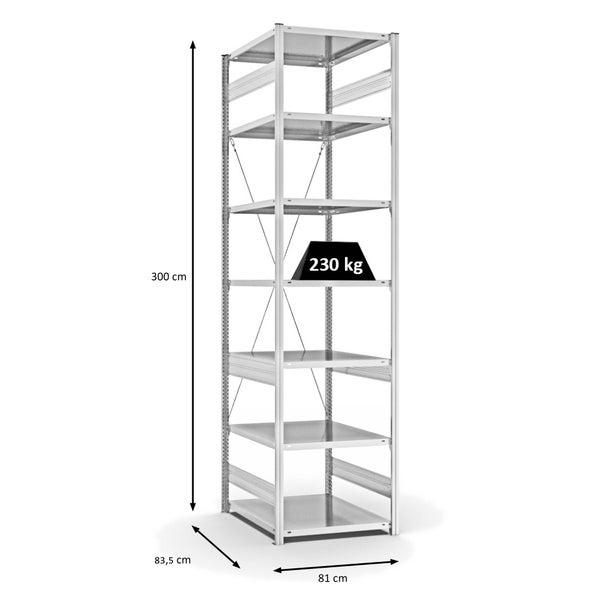 PROREGAL Fachbodenregal Stecksystem T-Profil Medium-Duty Grundregal HxBxT 300 x 75 x 80 cm 7 Ebenen Fachlast 230 kg Einseitig Nutzbar Lichtgrau