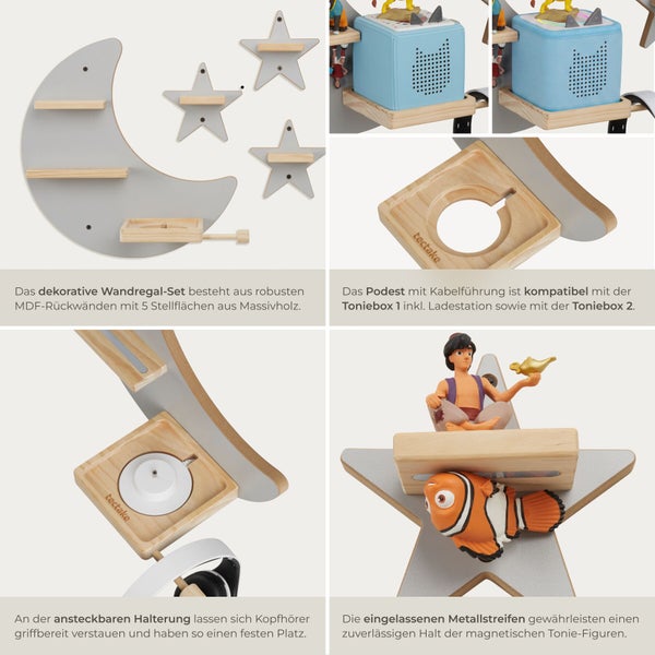 Wandregal Set für Toniebox mit Mond und Sternen aus Holz und MDF für Kinderzimmer zur Wandmontage mit Halterung für Kopfhörer und Ladestation.