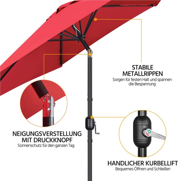 Detailaufnahme eines roten Sonnenschirms mit Metallrippen, Neigungsverstellung per Druckknopf und Kurbellift
