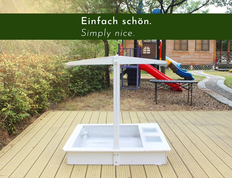 WONDERMAKE® Design Sandkasten mit Matschküche, Dach, Abdeckung OXFORD 420D, Vliesfolie, Sandkiste Holz quadratisch verschließbar Outdoor Garten für Kinder, weiß silber