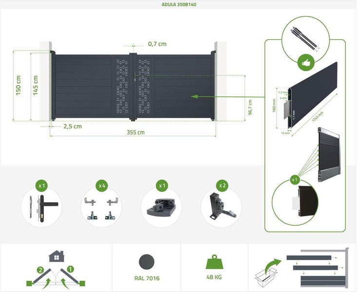 Technische Zeichnung eines Tores mit Abmessungen und Details zu Zubehör und Gewicht