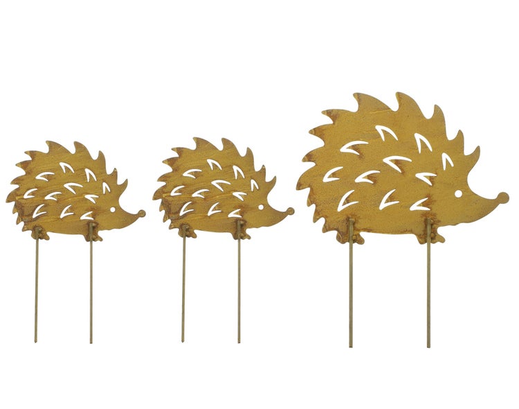 FRANK FLECHTWAREN | Gartenstecker Igel, 3er Set, METALL, H: 10 cm, H: 15 cm