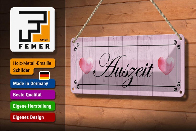 Blechschild Spruch 27x10cm Auszeit Herzen rosa Dekoration