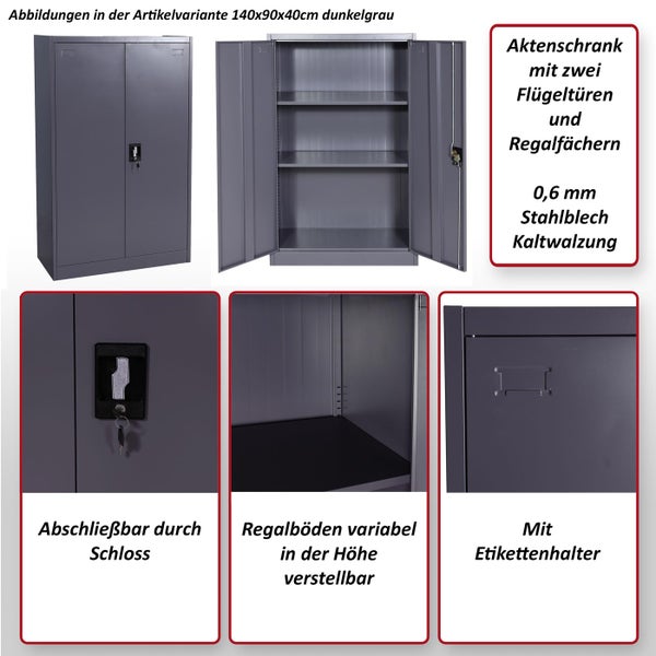 Dunkelgrauer Aktenschrank mit zwei Flügeltüren, Regalfächern, Schloss, höhenverstellbaren Regalböden und Etikettenhalter
