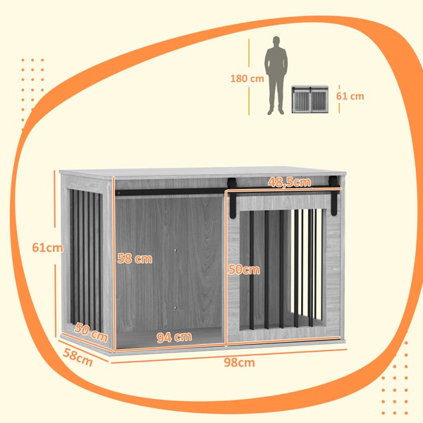 PawHut Hundekäfig für Zuhause, Abschließbar Hundehütte mit Eingang, Hundebox mit Schiebetür, Hundehaus für große Hunde unter 30 kg, Grau, 98 x 58 x 61 cm