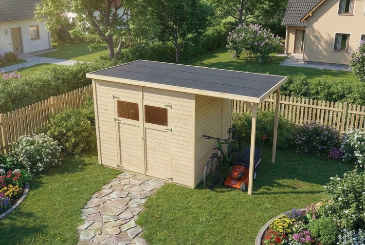 Gartenhaus aus hellem Holz mit Flachdach und seitlicher Überdachung, Doppeltür mit Fenstern, im Garten mit Fahrrad und Rasenmäher.