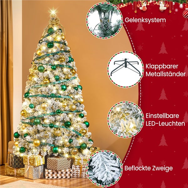 Geschmückter künstlicher Weihnachtsbaum mit LED-Beleuchtung, Baumschmuck und Geschenken, mit Gelenksystem, klappbarem Metallständer und beflockten Zweigen.