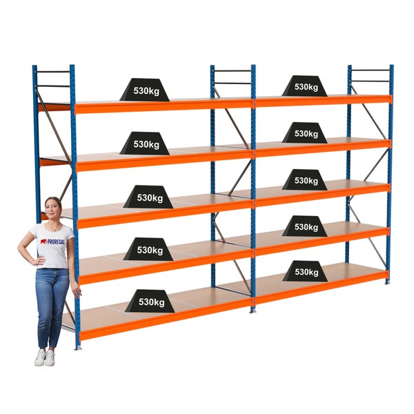 Schwerlastregal mit sechs Ebenen und einer Traglast von 530 Kilogramm pro Ebene