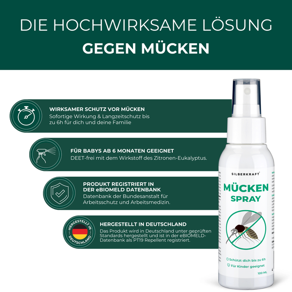 Silberkraft Mückenspray 100 ml – Hautverträglicher Insektenschutz für Babys ab 6 Monaten, Kinder & Erwachsene – DEET-frei, schützt vor Mücken & Zecken – Dermatologisch getestet – Langzeitschutz bis zu 6 Stunden