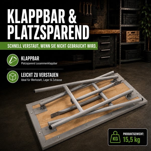 Klappbare Werkbank platzsparend zusammengefaltet in einer Werkstatt. Produktgewicht circa 15,5 Kilogramm. Ideal für Lager und Zuhause.