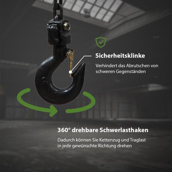 Schwerlasthaken mit Sicherheitsklinke und 360 Grad Drehfunktion für Kettenzüge.
