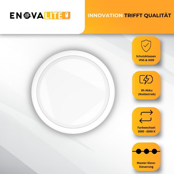 Enovalite Logo. Schutzklassen IP65 und IK09. Acht Stunden Akku Notbetrieb. Farbwechsel zwischen 3000 und 6500 Kelvin. Master Slave Steuerung.