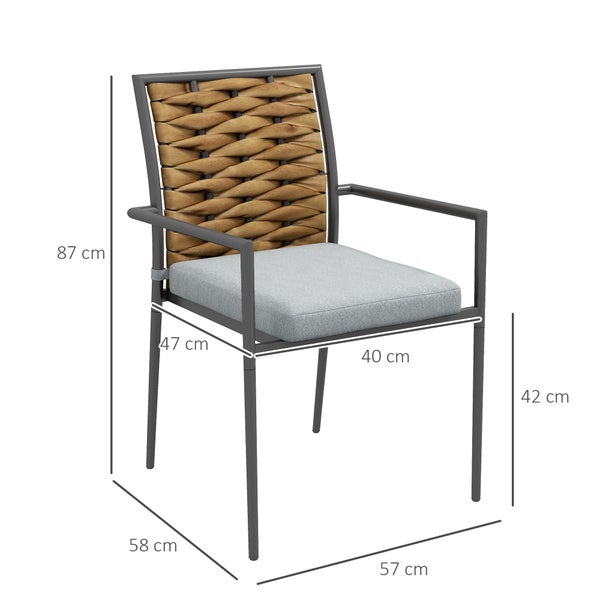 Outsunny Rattan Gartenstuhl 2er-Set, Gartensessel Set mit Kissen, 57 x 58 x 87 cm, Stahl, Grau