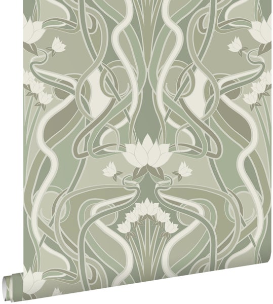 ESTAhome Tapete Blumenmuster im Jugendstil Graugrün - 50 x 900 cm - 139897