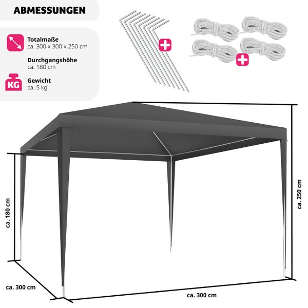 Pavillon tectake Kara inklusive Spannseile und Heringe 3 x 3 m grau