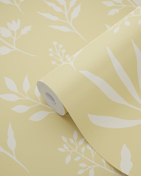 Tapetenrolle mit weißem Blättermuster.