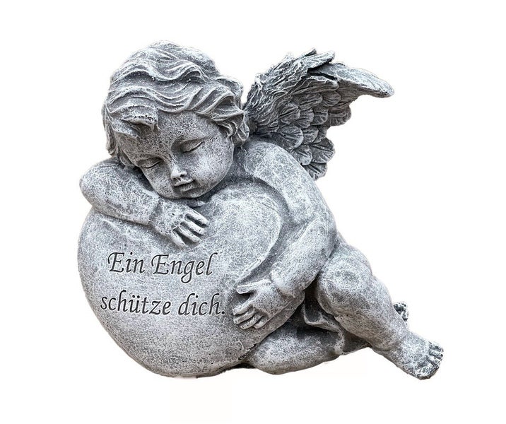 Steinfigur schlafender Engel mit Herz und Inschrift Ein Engel schütze dich zur Gartendekoration oder Grabschmuck