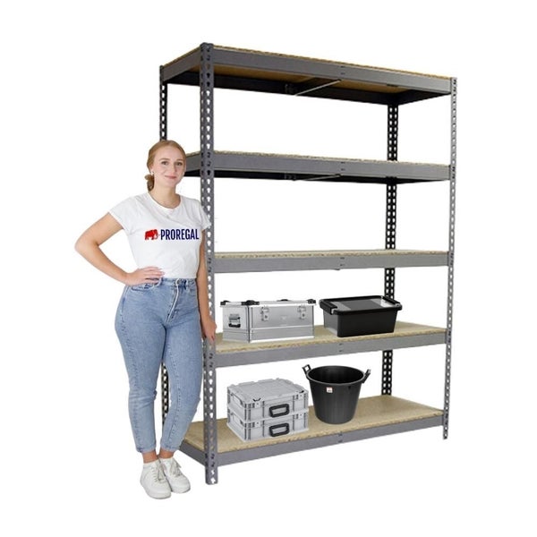 Schwerlastregal WOOD BEAST FIVE | HxBxT 200x210x75cm | 5 Ebenen | Fachlast 500kg | Grau | Weitspannregal Werkstattregal Lagerregal Kellerregal Gargenregal